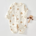 Detailed flat lay of beige ribbed cotton baby romper with cute bear and honey pot patterns - 73 Size / Top And Bottom / Jacquard Bear Print