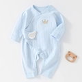 Light blue ribbed cotton newborn romper with crown embroidery and white 3D wing detail - Blue / Size 66