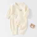 Long sleeve cream ribbed cotton baby romper with crown embroidery and small wings - Yellow / Size 66