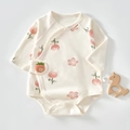 Newborn long sleeve cotton romper with floral print and side-tie opening in beige color - Pink Flower Bodysuit / Size 59