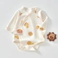 Beige organic cotton baby bodysuit with cute cartoon print and side snap closure - Yellow Cookie / Size 59