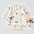 Infant long sleeve bodysuit in cream with purple apple prints and snap closures - Purple Cherry Bodysuit / Size 59