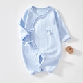 Light blue cotton newborn romper with vertical ribbed texture and cute rabbit patch - Size 66 / Solid Blue Rabbit Kimono Romper