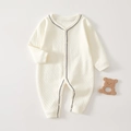 Barboteuse bébé en maille gaufrée crème avec bordure festonnée marine et boutons - Taille 73 / Crème Bordure Festonnée Printemps Automne