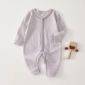 Lavender long-sleeve cotton baby romper with diamond knit texture and blue wavy edges - Size 59 / Light Purple (5679947571679)