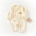 Tutina neonato in cotone a costine crema con fiocchi laterali e ricamo morbido - 66 / Giallo (Tuta a Farfalla Cachi Giallo)