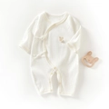 Newborn long sleeve ribbed cotton romper in ivory white with cute rabbit patch - Yellow Edged Rabbit / Size 66