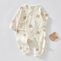 Newborn baby cotton romper featuring brown bear prints and cream white vertical stripes - Size 66 / Jacquard Bear Head Print (Butterfly Romper)