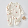Newborn long sleeve romper in cream ribbed cotton with cute animal print and tie closure - Size 66 / Jacquard Glasses Rabbit Print (Butterfly Romper)