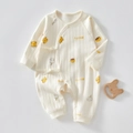 Newborn cream cotton long sleeve bodysuit with bear print and side tie closure - Size 66 / Jacquard Chestnut Bear Print (Butterfly Romper)