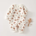 Infant quilted romper in ivory with brown bear and polka dot patterns for autumn winter - 73 Size / Shy Bear Warm Romper