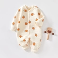 Quilted beige long sleeve baby romper with orange pumpkin print and snap closures - 73 Size / Orange Pattern Warm Romper