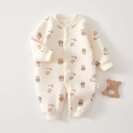 Quilted warm baby romper in beige with teddy bear prints and snap buttons - 73 Size / Dudu Bear Warm Romper