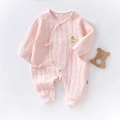 Pink quilted cotton newborn baby romper with bear embroidery and side-tie closure - Size 66 / Pink