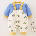 Tutina spessa in cotone per neonato con maniche blu a nido d'ape e stampa di cane - Stile Cane Con Bretelle / Taglia 73