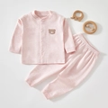 Pink cotton long sleeve baby pajama set with a cute small bear embroidery patch - 73 / Solid Pink Bear Set