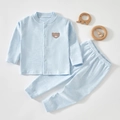 Light blue infant cotton long sleeve set with a cute brown bear embroidery patch - 73 / Solid Blue Bear Set