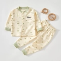 Infant cotton thermal pajama set in beige with green cloud prints and front button top - 73 / Green Cotton Ball Set