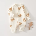 Detailed view of baby quilted cotton romper featuring cute bear prints and ribbed texture - Hug Bear