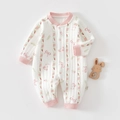 Macro detail of infant cotton romper with pink floral bunny print and snap buttons - Thermal Pink Flower Rabbit Romper