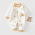Close-up of quilted cotton baby romper with heart and bear prints and snap button closure - Thermal Yellow Little Angel Romper