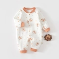 Detail of baby quilted cotton romper with bear prints and ribbed collar and cuffs - Thermal Orange Flower Bear Romper