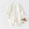 Ivory hollow-knit cotton long-sleeve baby romper with button-down front design - White / 59cm