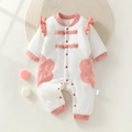 Tutina neonato in cotone rosa con bottoni cinesi e decorazioni floreali ricamate - Taglia 59 / Bianco Ricamato Stile Cinese