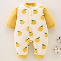 Tutina neonato in cotone spesso color crema con stampa agrumi gialli e polsini a coste - Stile Arancia Gialla / Taglia 73