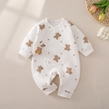 Quilted baby romper with brown bear and yellow moon prints on soft white cotton - 66 / White Plush Bear