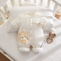 Newborn baby warm padded romper in beige featuring a cute lion crown print and snaps - 73 Size / Little Lion