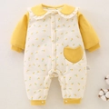 Tutina neonato in cotone spesso giallo a fiori con colletto a ruche e tasca a cuore - Stile Floreale Piccolo / Taglia 73