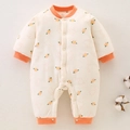 Tutina neonato in cotone beige spesso con bordi arancioni e motivi di coniglietti - Stile Coniglio Carino / Taglia 73