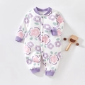 Infant cotton floral bodysuit with purple trim and snap closure for newborns - Size 59 / Purple Big Floral Romper