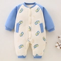 Tutina neonato imbottita blu in cotone con motivo formaggio e bottoni a pressione - Stile Formaggio Manica Blu / Taglia 73