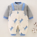 Body neonato a maniche lunghe in tessuto waffle grigio con stampe di gatti e bottoni automatici - Stile Gatto Con Bretelle / Taglia 73