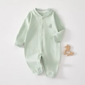 Mint green long sleeve cotton baby romper with cute bird embroidery and button front - Size 59 / Mint Green Bird Embroidery