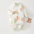 Baby cotton romper in creamy white with green trim and cute animal cartoon prints - 73 Size / Happy Animals Romper