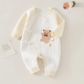 Newborn quilted cotton romper with a cute 3D bear patch and ribbon tie side closure - 66 / Yellow Angel Bear