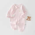 Pink cotton long-sleeve baby romper with crown embroidery and soft ribbed texture - Size 66 / Pink Angel Magic Tape Style
