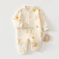Detailed view of quilted cotton baby romper with orange rabbit and star prints - Thermal Star Rabbit Romper