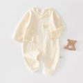 Newborn long sleeve romper in cream cotton rib fabric with royal crown embroidery - Size 66 / Yellow Crown Tie-up Style