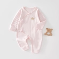 Pink ribbed cotton baby jumpsuit with long sleeves and delicate crown embroidery - Size 66 / Pink Crown Tie-up Style