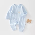 Soft light blue cotton baby bodysuit with long sleeves and gold crown embroidery - Size 66 / Blue Crown Tie-up Style