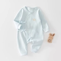 Light blue newborn cotton ribbed romper with elegant golden crown embroidery - Size 66 / Cyan Crown Tie-up Style