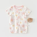 Detail of baby floral cotton romper with snap buttons and cherry patterns on white - 73 Size / Pink Peach Blossom