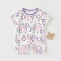 Short-sleeved cotton baby romper with floral print and purple trim on a beige background - 73 Size / Purple Floral