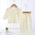 Pale yellow baby long sleeve cotton mesh pajama set with button front and elastic pants - Size 66 / Yellow Vertical Stripes