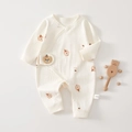 Detailed close-up of pure cotton baby romper featuring knitted texture and cute bear applique - 52 / Hat Bear