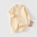 Neugeborene Baby Langarm Strampler aus Rippbaumwolle in Creme mit Bestickung Detail - Cremegelb / Größe 59